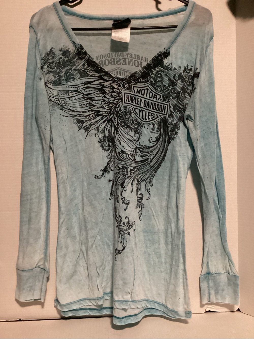 Harley-Davidson Women's Light Blue Long Sleeve V-Neck with Black Wing Graphic